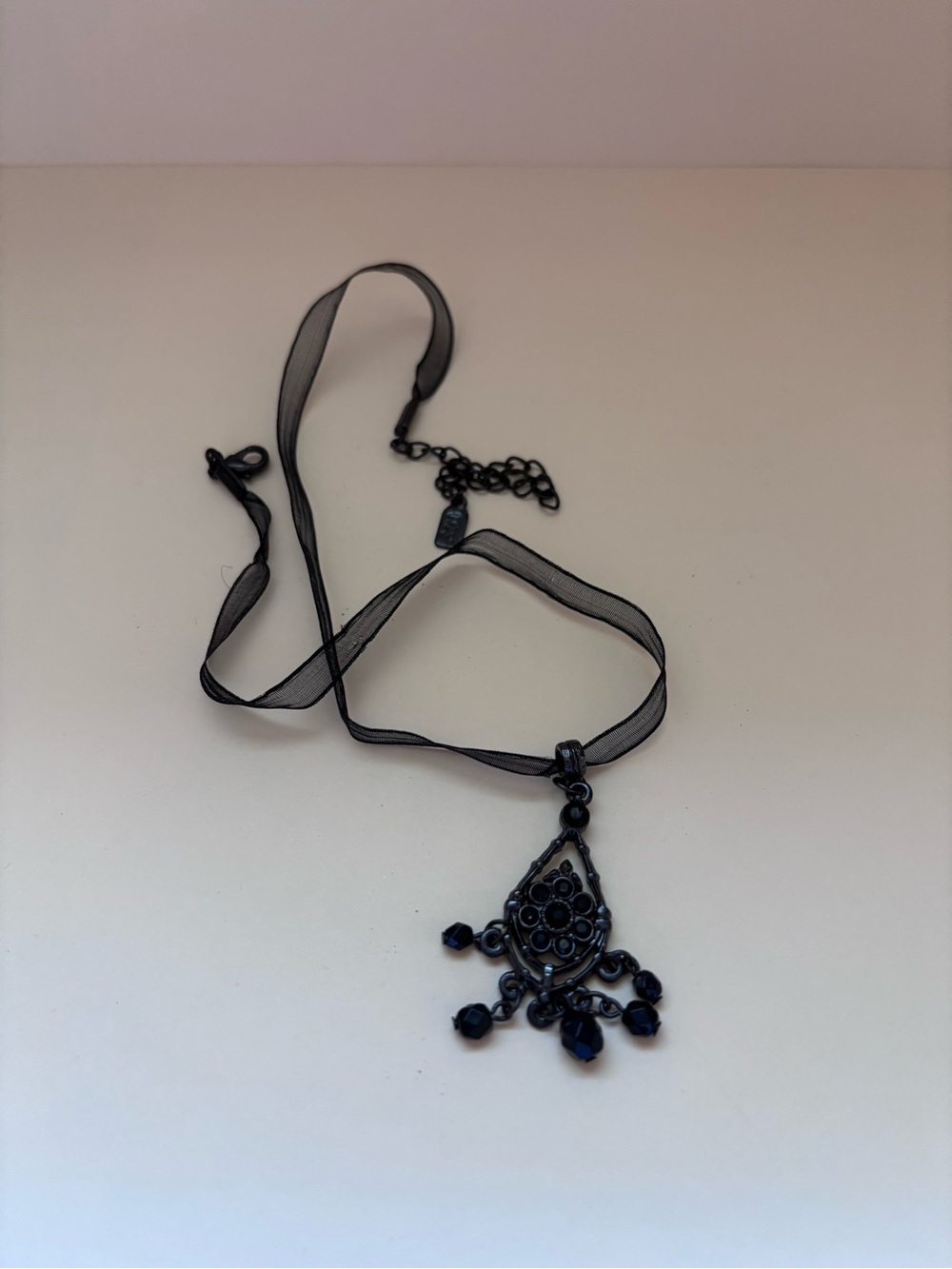 Black Chiffon Ribbon Pendant Necklace with Beaded Teardrop